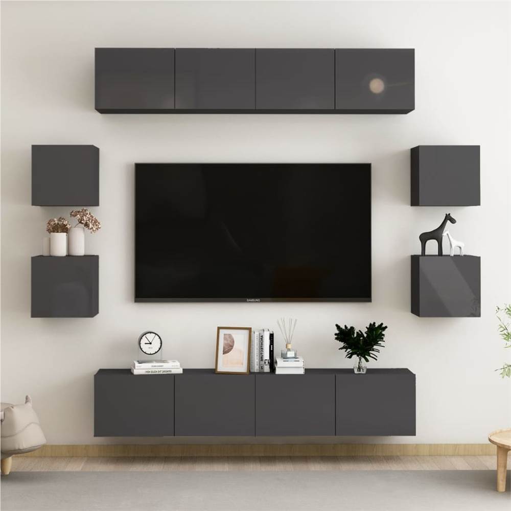 

8 Piece TV Cabinet Set High Gloss Grey Chipboard