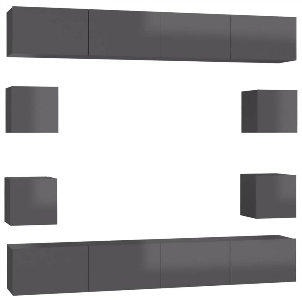 8 Piece TV Cabinet Set High Gloss Grey Chipboard