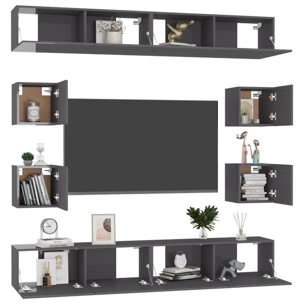 8 Piece TV Cabinet Set High Gloss Grey Chipboard