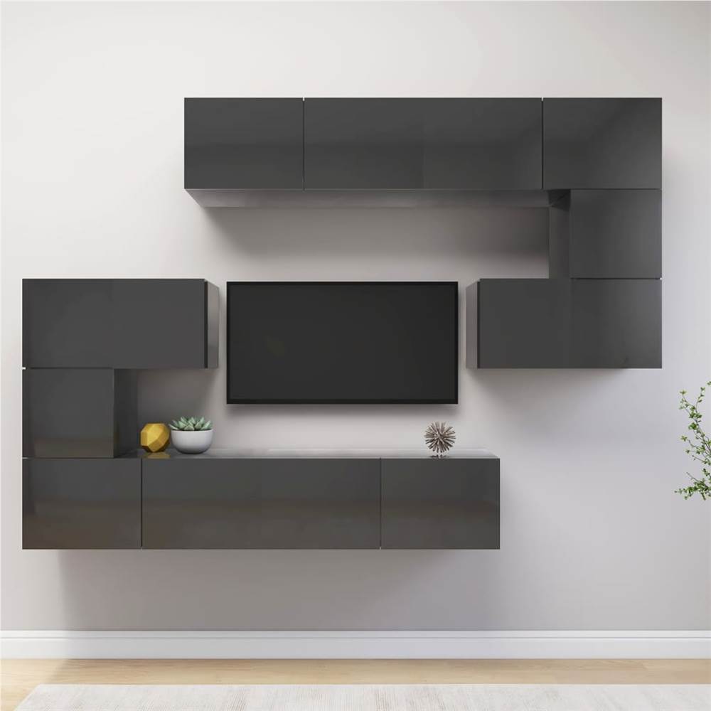 

8 Piece TV Cabinet Set High Gloss Grey Chipboard