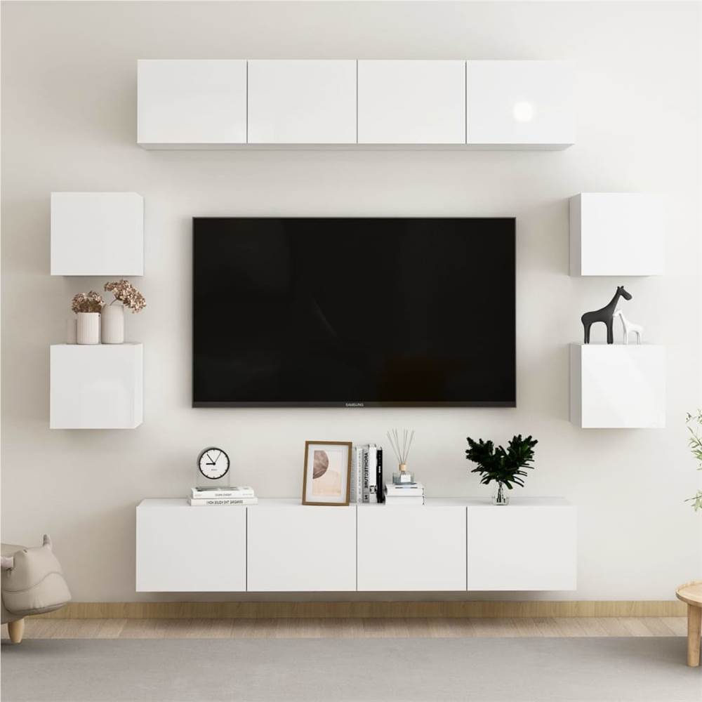 

8 Piece TV Cabinet Set High Gloss White Chipboard
