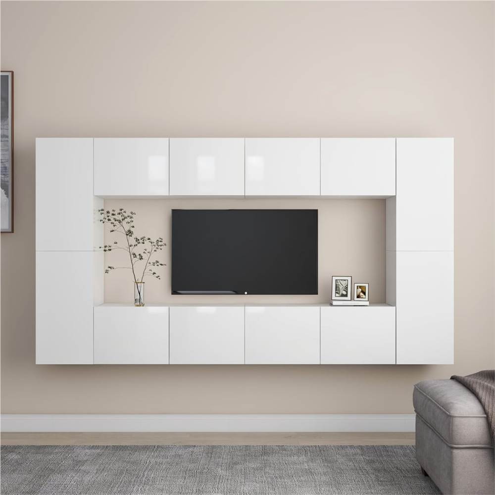 

8 Piece TV Cabinet Set High Gloss White Chipboard