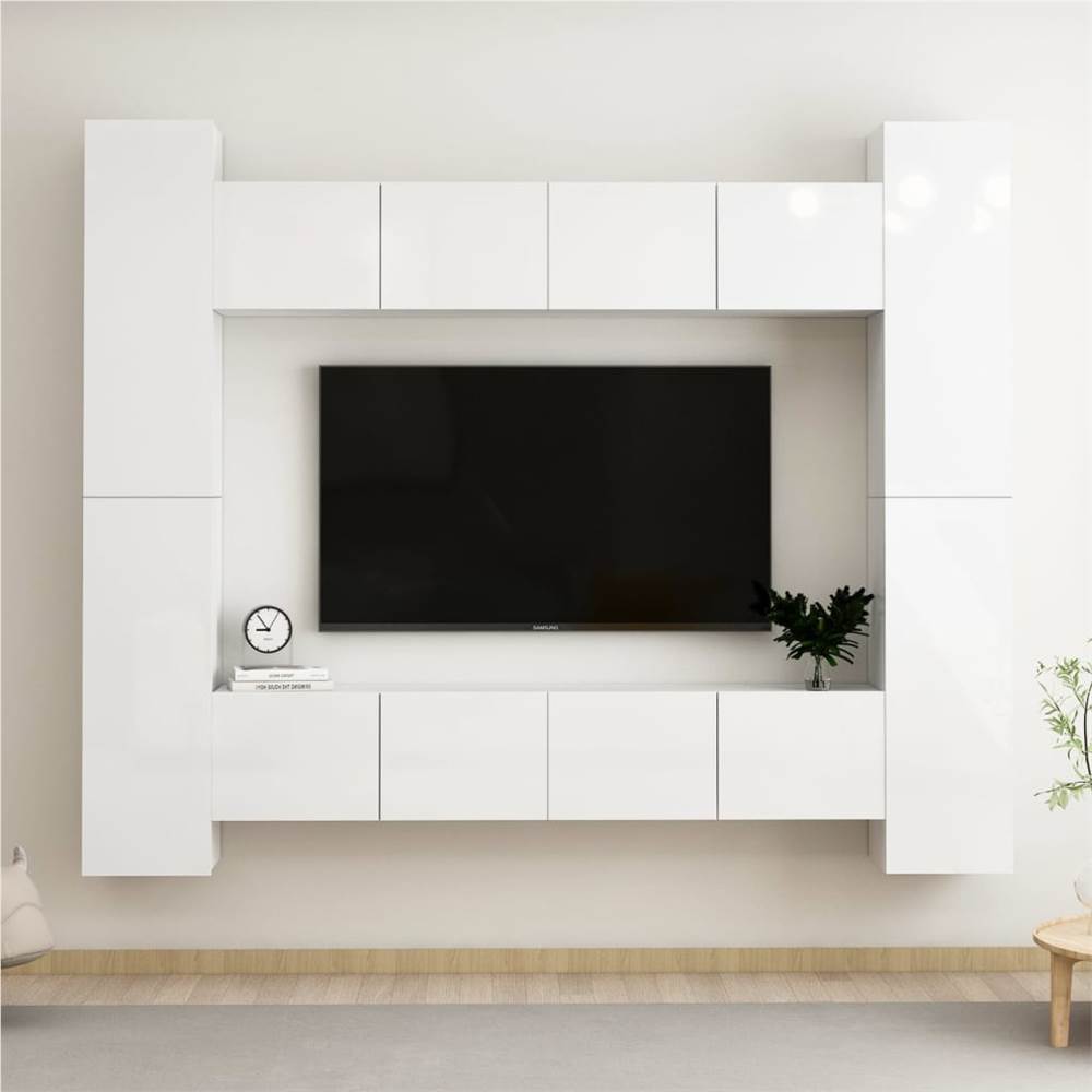 

8 Piece TV Cabinet Set High Gloss White Chipboard