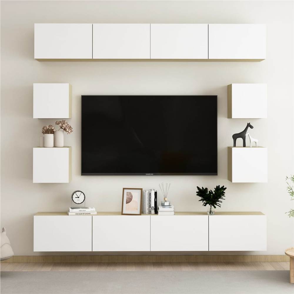 

8 Piece TV Cabinet Set White and Sonoma Oak Chipboard