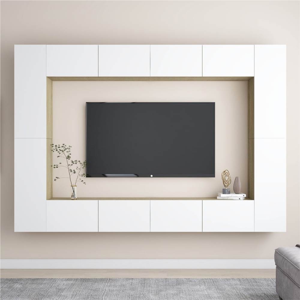 

8 Piece TV Cabinet Set White and Sonoma Oak Chipboard