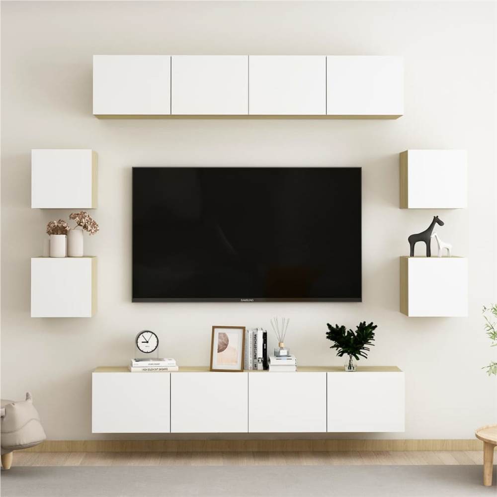 

8 Piece TV Cabinet Set White and Sonoma Oak Chipboard