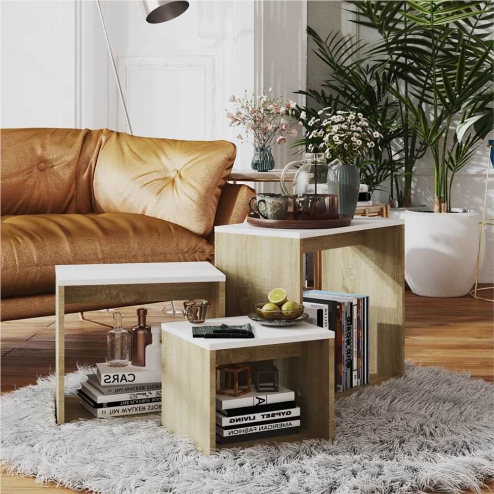 

Nesting Tables 3 pcs White and Sonoma Oak Chipboard