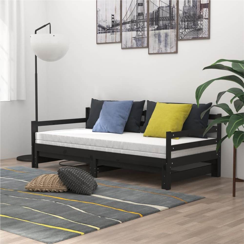 Pull-out Day Bed Black Solid Pinewood 2x
