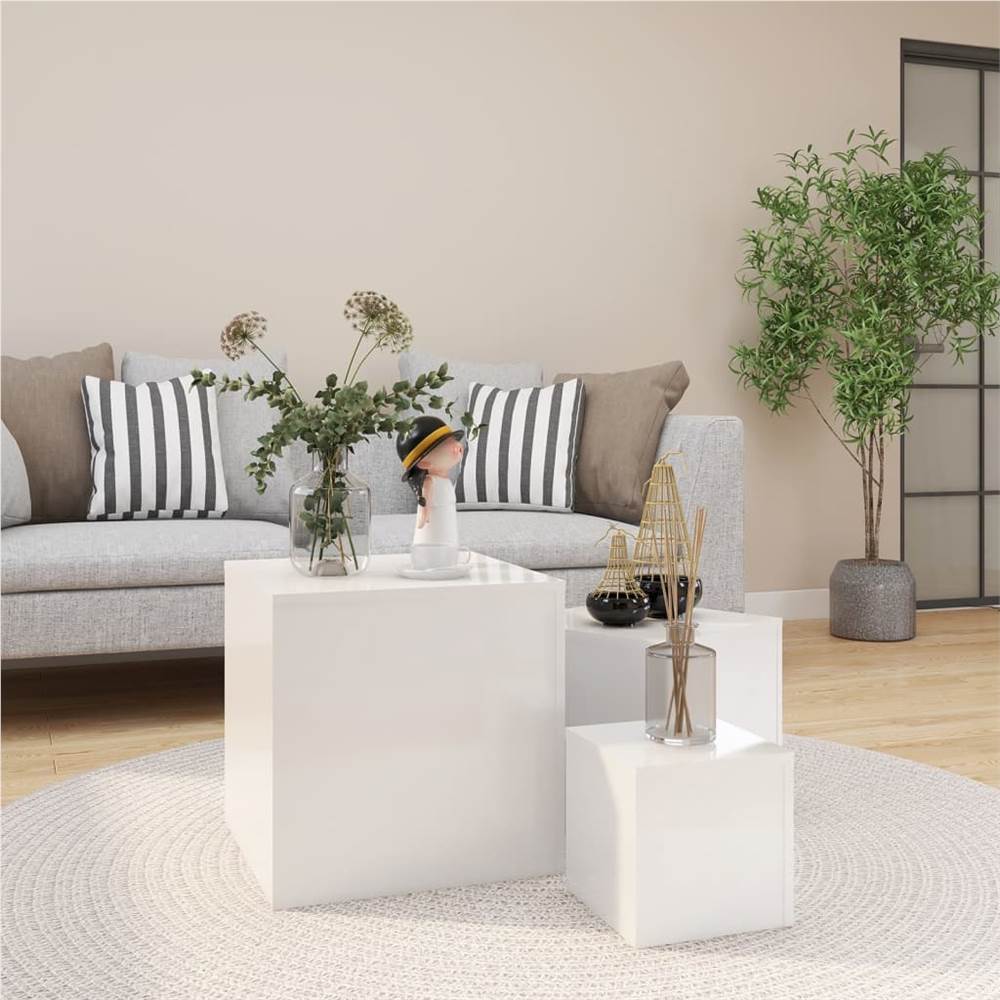 Side Tables 3 pcs High Gloss White Chipboard