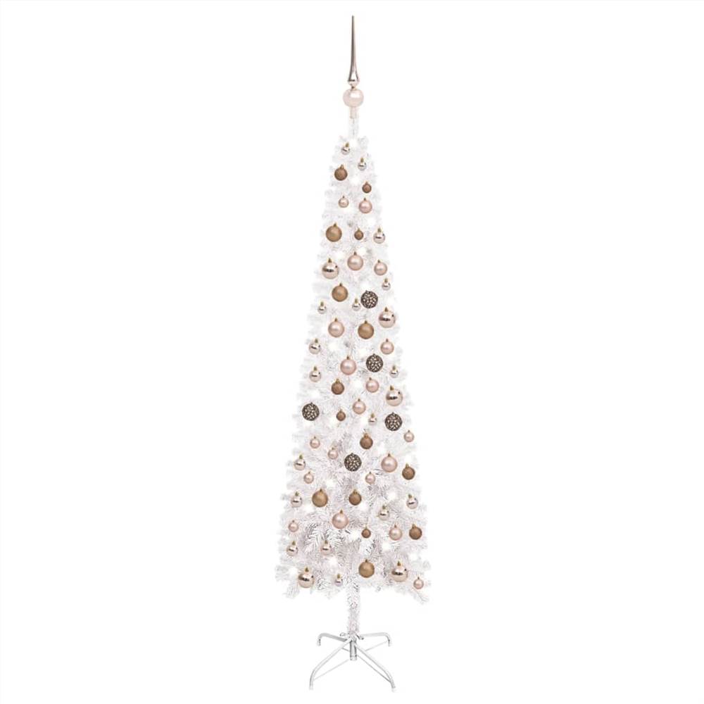 Sapin de Noël Slim avec LED & Set de Boules Blanc 150 cm