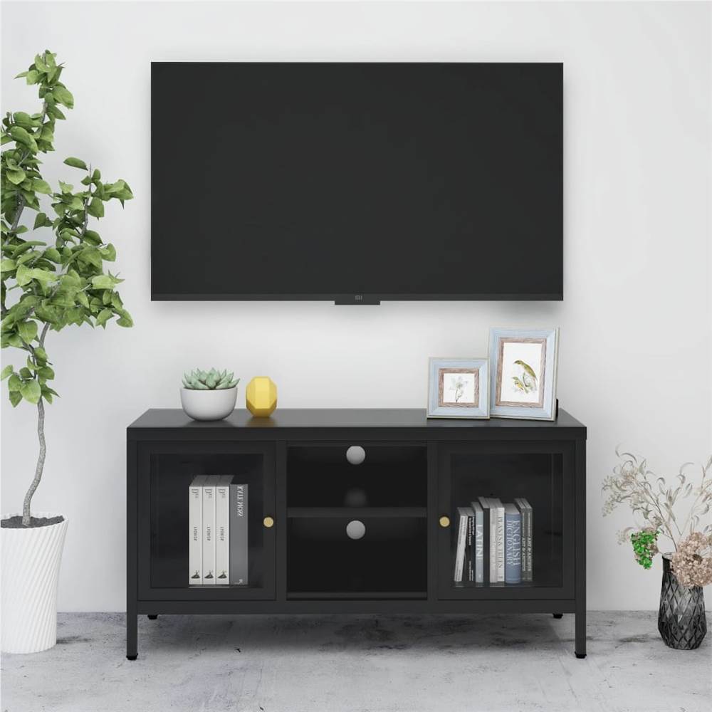 

TV Cabinet Black 105x35x52 cm Steel and Glass