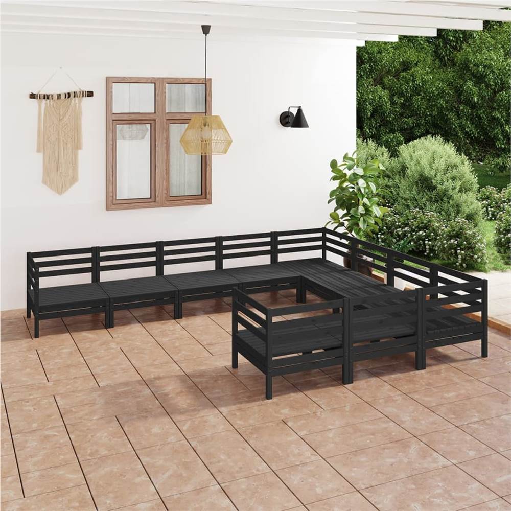 

10 Piece Garden Lounge Set Black Solid Pinewood