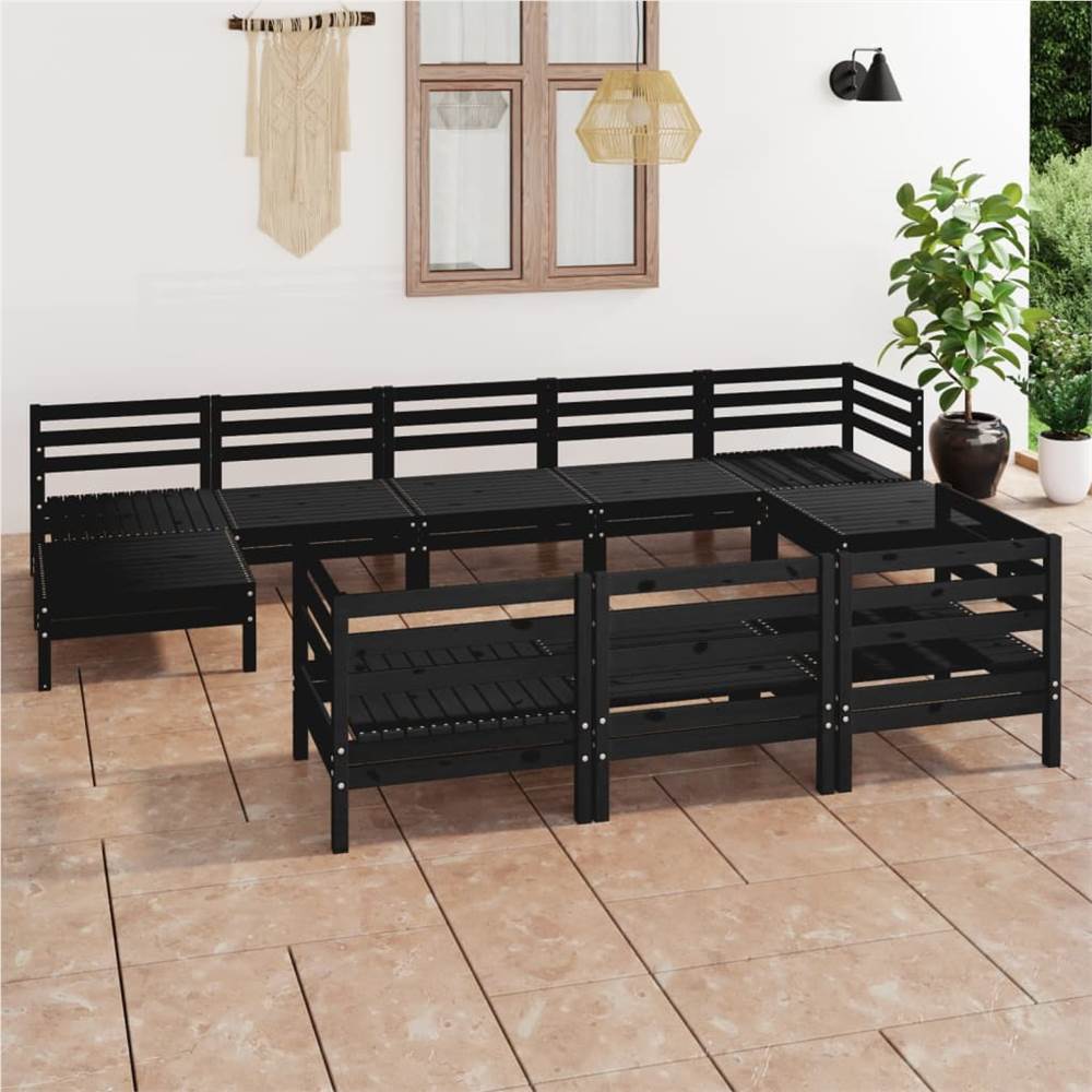 

10 Piece Garden Lounge Set Black Solid Pinewood