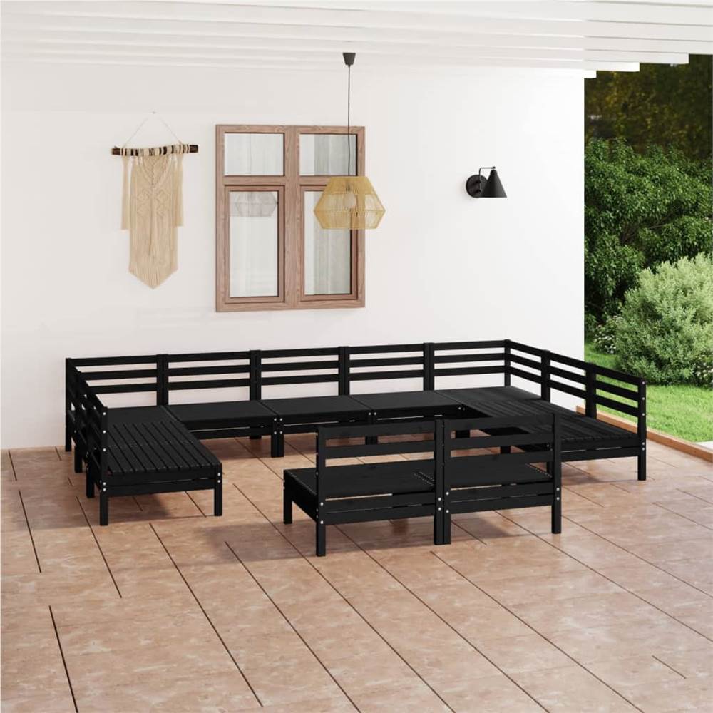 

11 Piece Garden Lounge Set Black Solid Pinewood