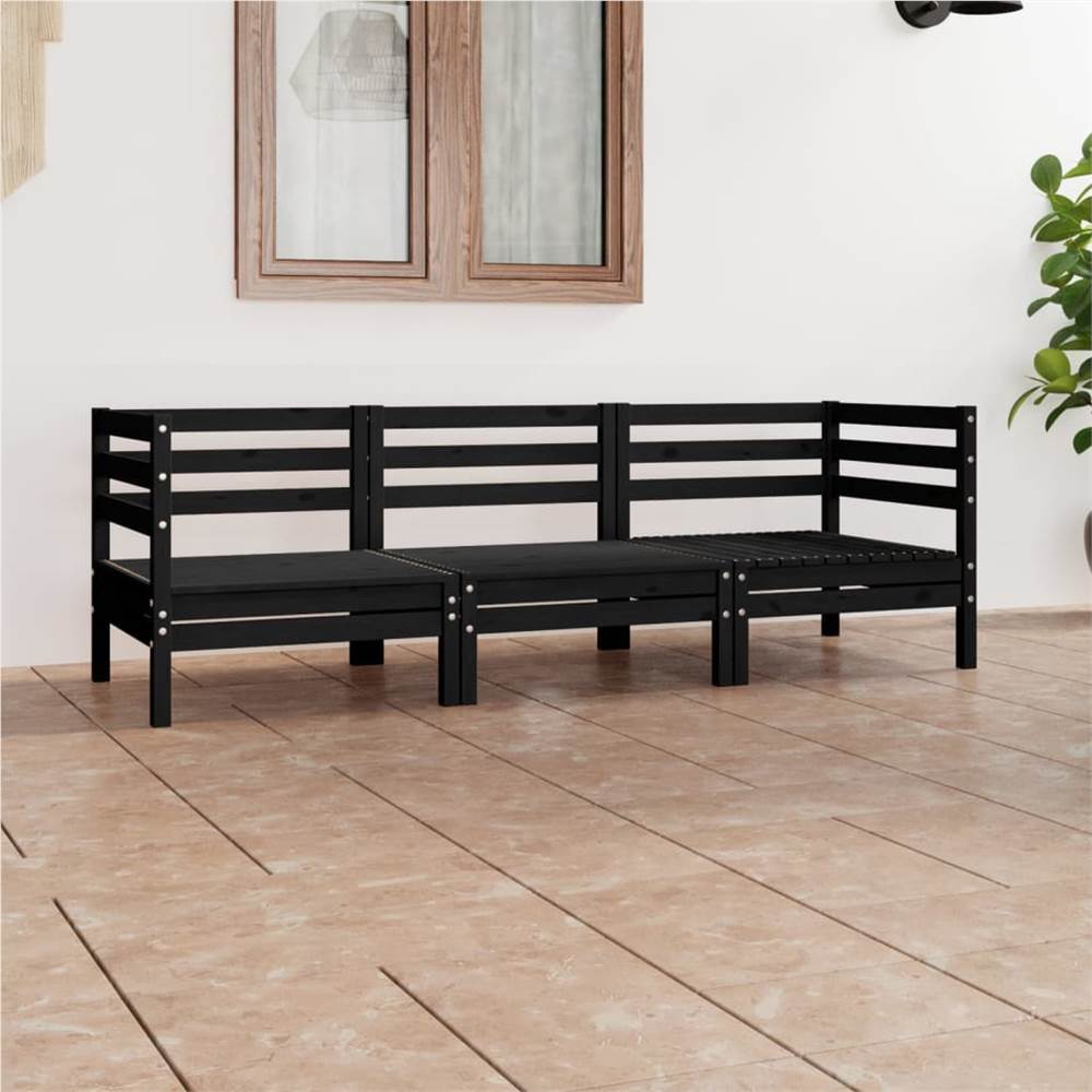 

3 Piece Garden Lounge Set Black Solid Pinewood