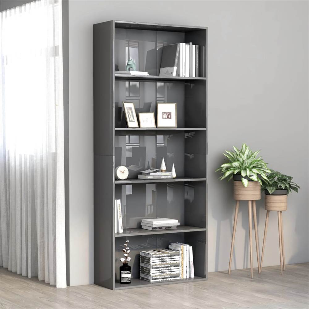 

5-Tier Book Cabinet High Gloss Grey 80x30x189 cm Chipboard
