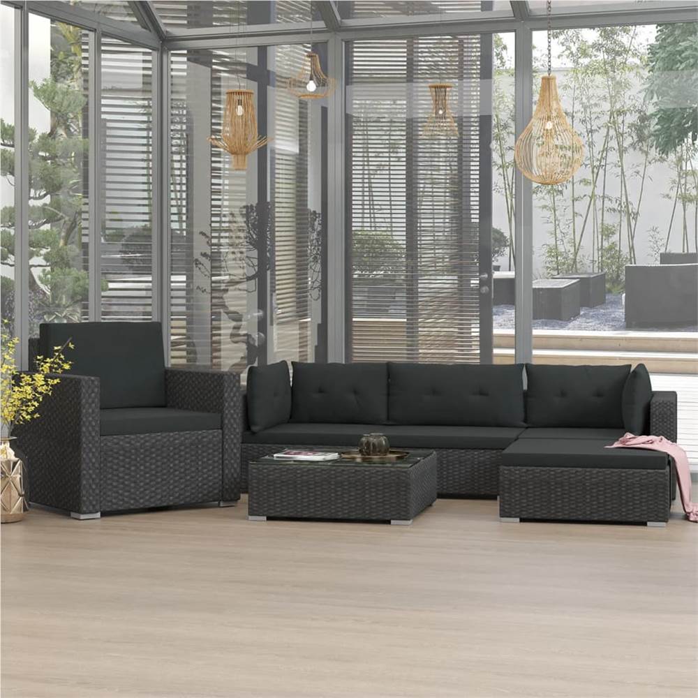 

6 Piece Garden Lounge Set with Cushions Poly Rattan Black