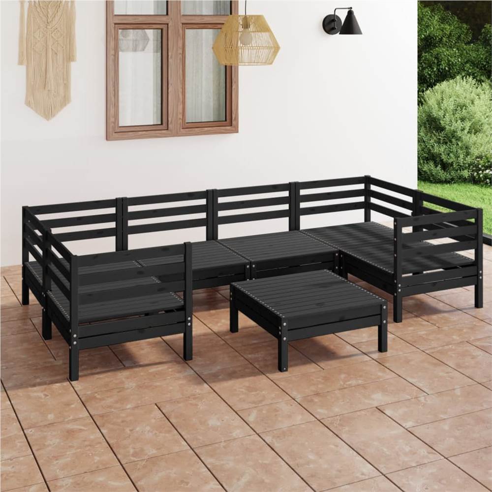 

7 Piece Garden Lounge Set Black Solid Pinewood
