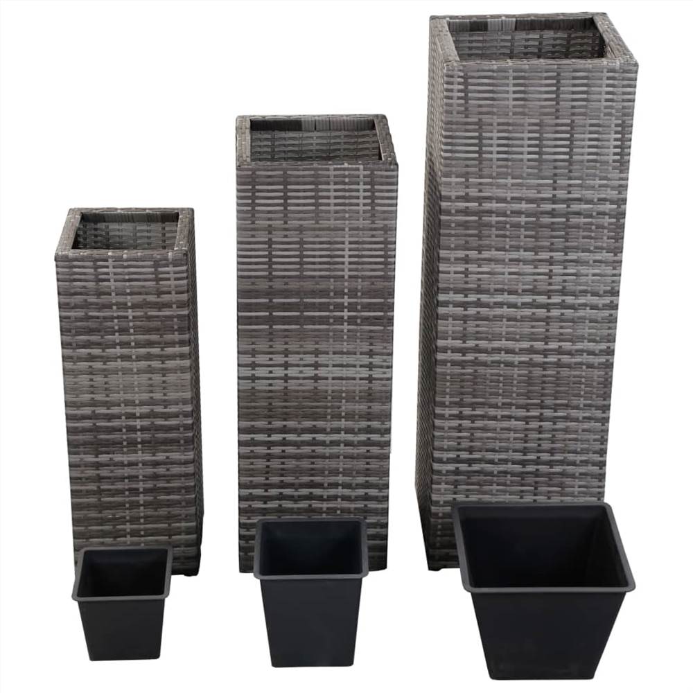Garden Raised Beds 3 pcs Poly Rattan Grey
