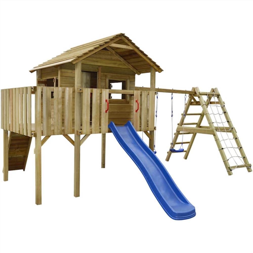

Playhouse with Climbing Net, Slide, Swings 560x440x294 cm Wood