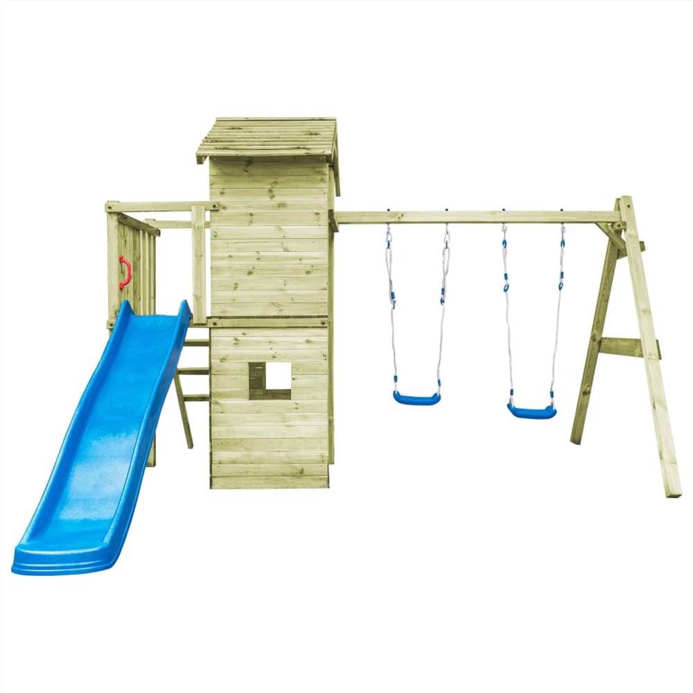 Playhouse with Ladder, Slide and Swings 390x353x268 cm Wood