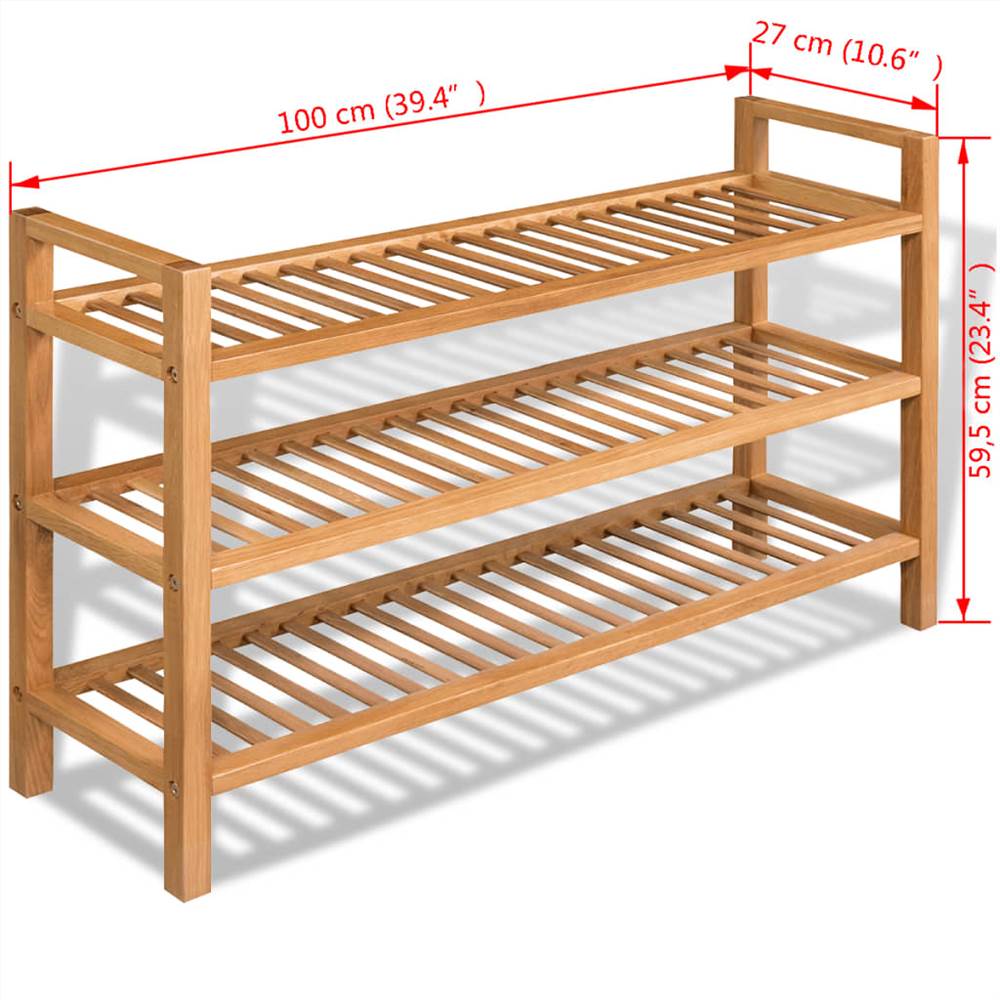 Shoe Rack with 3 Shelves 100x27x59.5 cm Solid Oak Wood