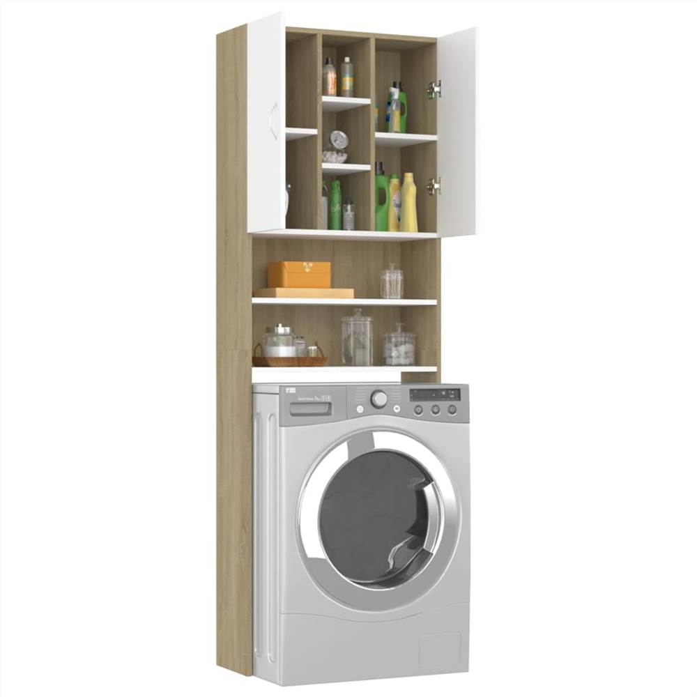 Discount 🥰 Washing Machine Cabinet White and Sonoma Oak 64x25.5x190 cm ✨ 16 Washing Machine Cabinet White and Sonoma Oak 64x25.5x190 cm