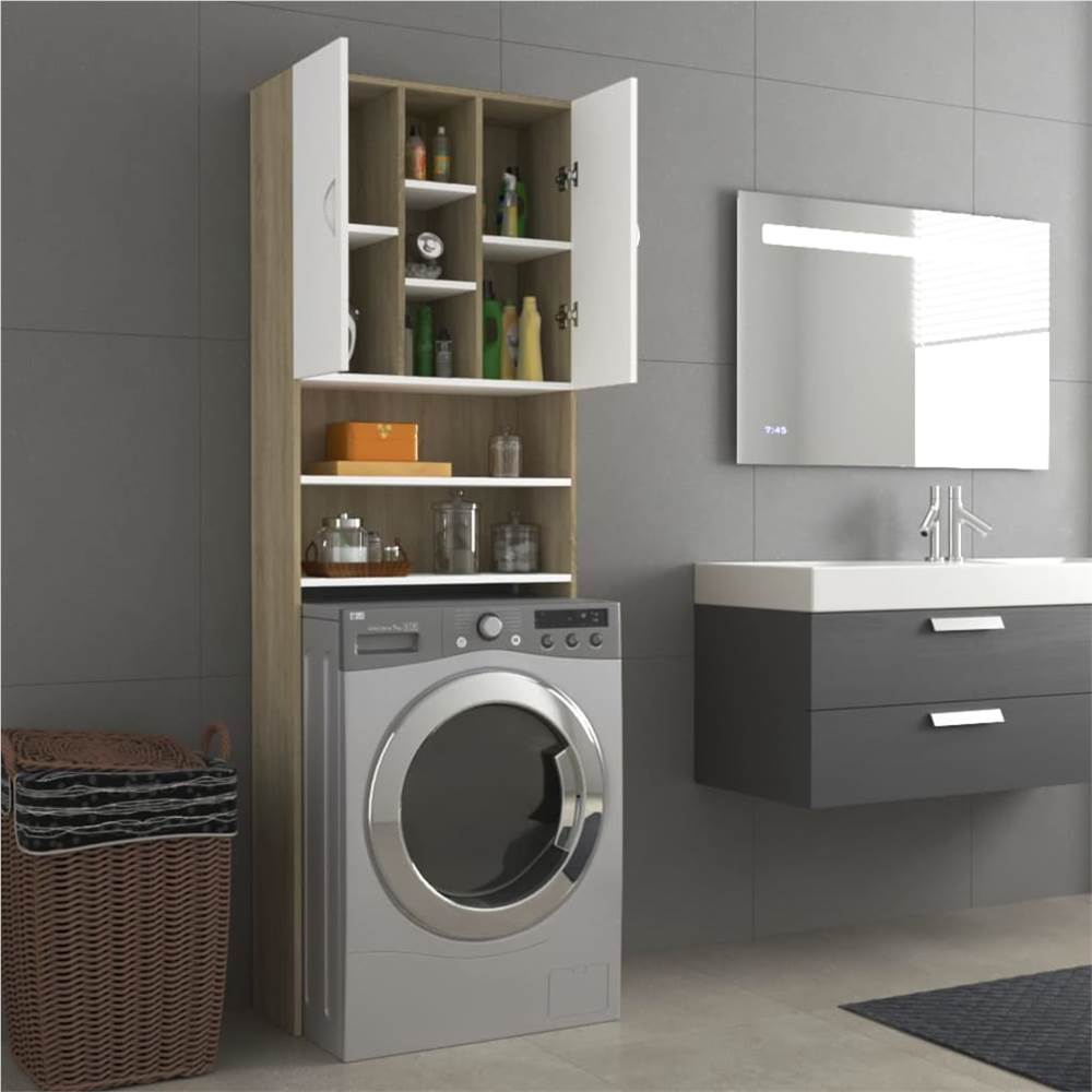 Discount 🥰 Washing Machine Cabinet White and Sonoma Oak 64x25.5x190 cm ✨ 17 Washing Machine Cabinet White and Sonoma Oak 64x25.5x190 cm