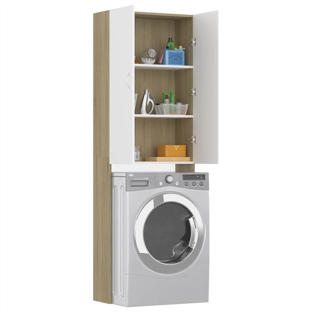 Washing Machine Cabinet White and Sonoma Oak 64x25.5x190 cm