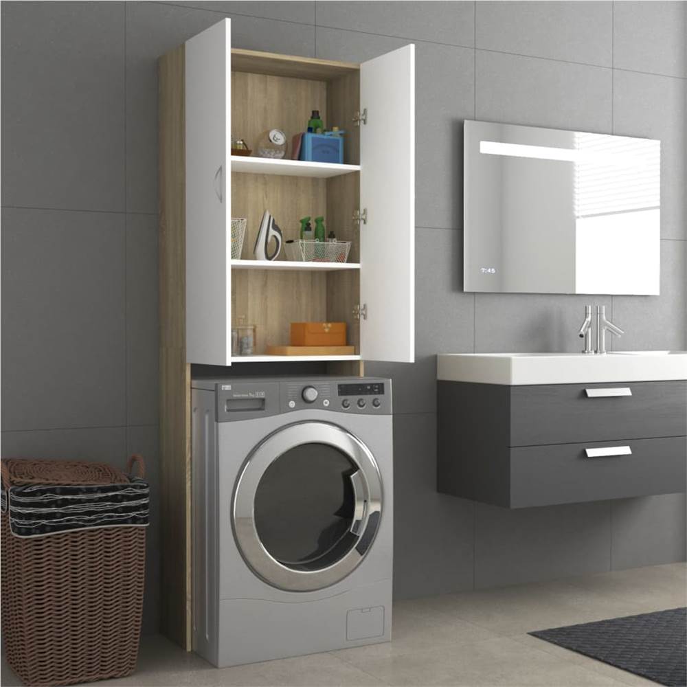 Washing Machine Cabinet White and Sonoma Oak 64x25.5x190 cm