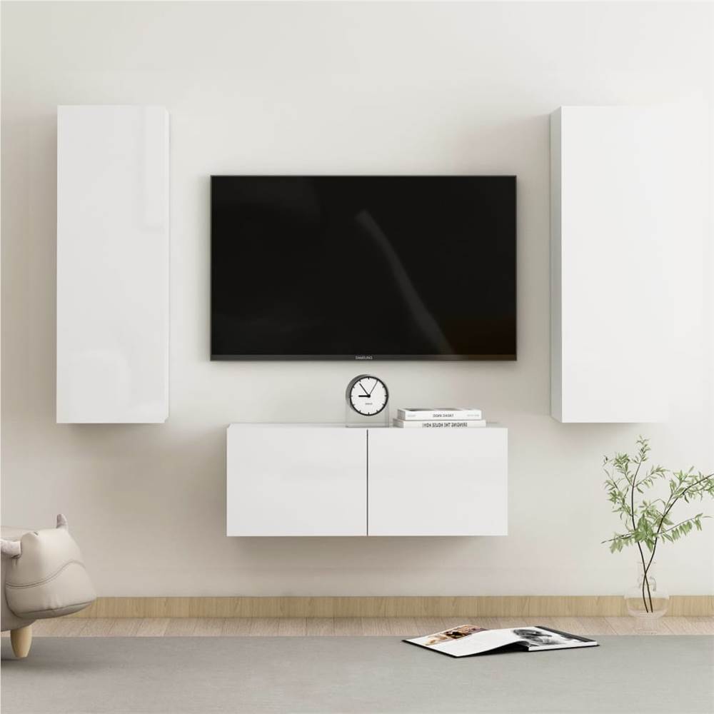 

3 Piece TV Cabinet Set High Gloss White Chipboard