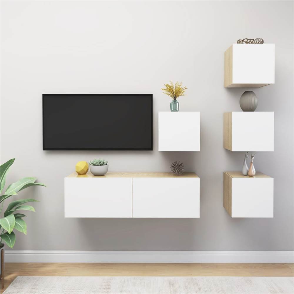 

3079247 5 Piece TV Cabinet Set White and Sonoma Oak Chipboard (804498+801486)