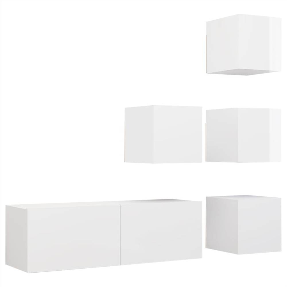 3079352  5 Piece TV Cabinet Set High Gloss White Chipboard (804501+801487)