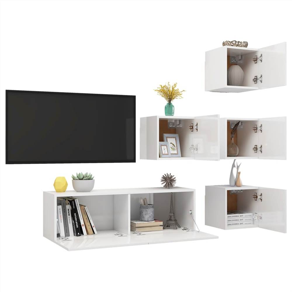 3079352  5 Piece TV Cabinet Set High Gloss White Chipboard (804501+801487)