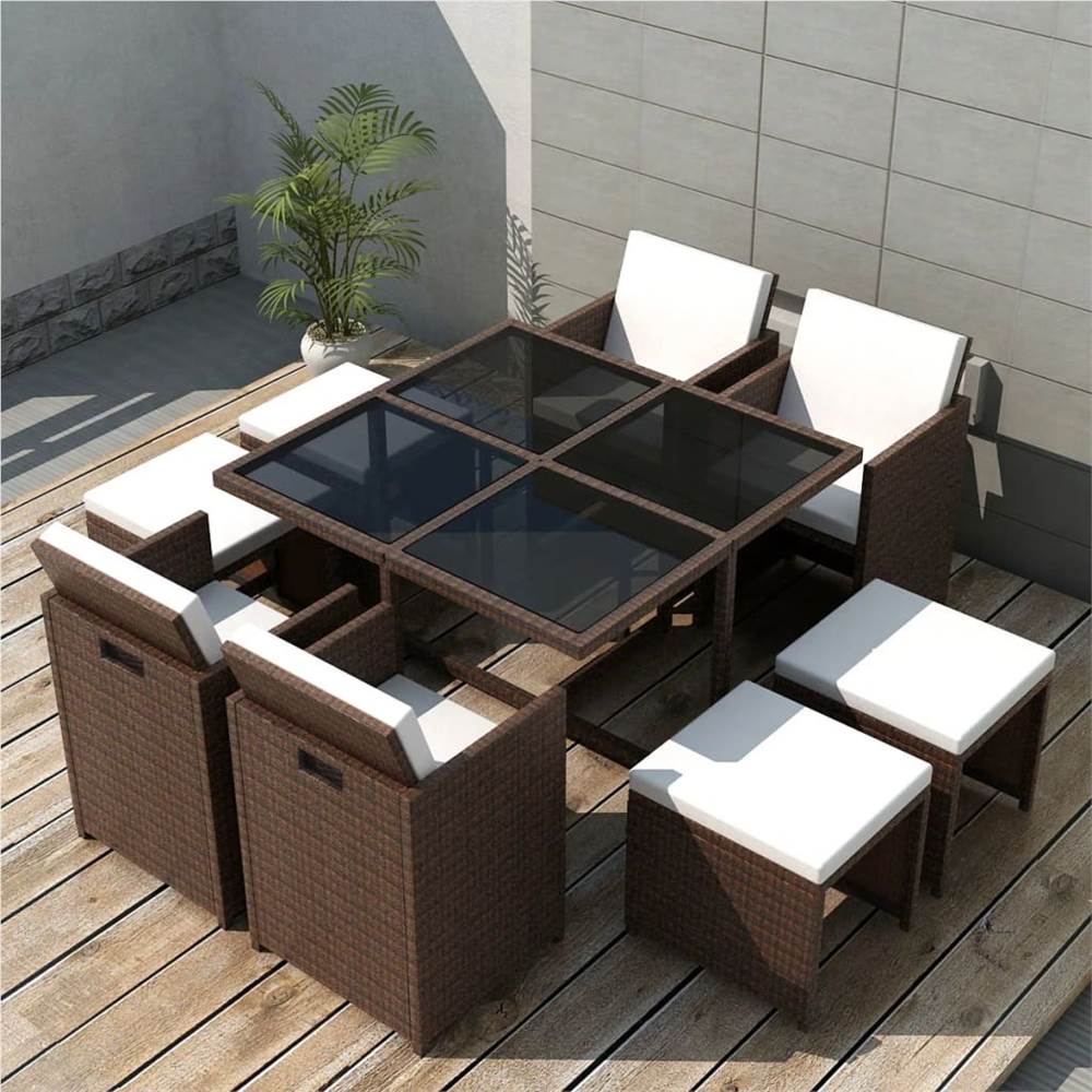 

9 Piece Outdoor Dining Set with Cushions Poly Rattan Brown