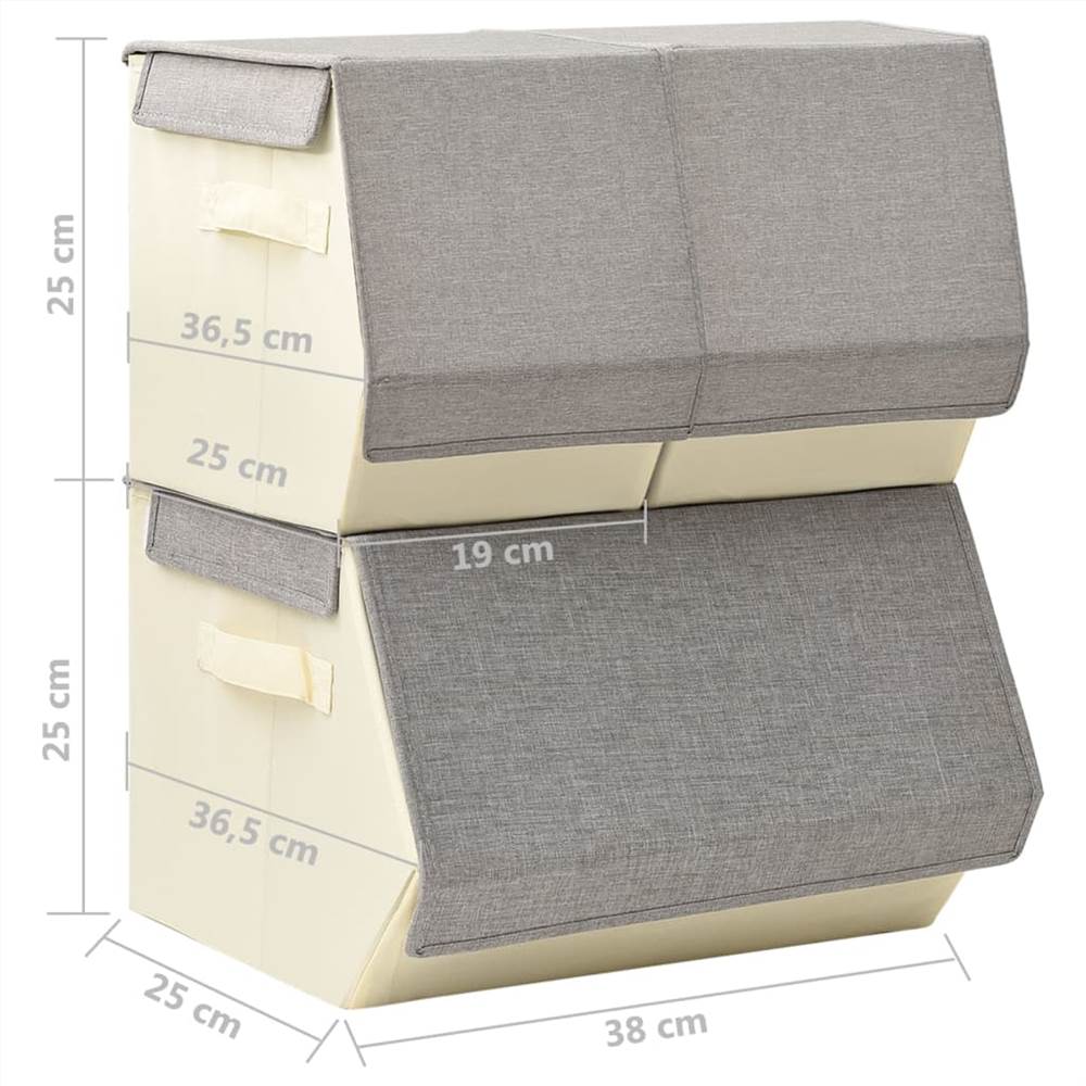 Stackable Storage Box Set of 3 Pieces Fabric Grey & Cream
