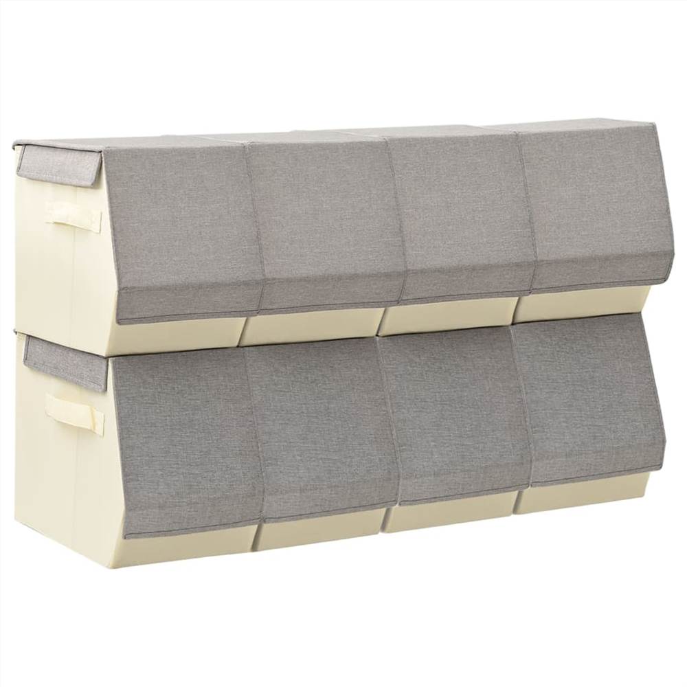 Stackable Storage Boxes with Lid Set of 8 pcs Fabric Grey&Cream