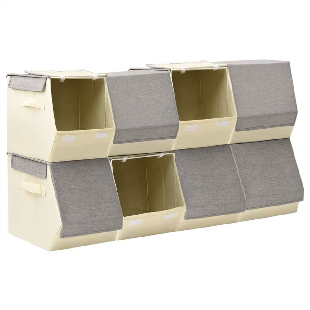 Stackable Storage Boxes with Lid Set of 8 pcs Fabric Grey&Cream