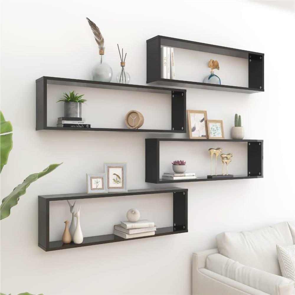 

Wall Cube Shelves 4 pcs High Gloss Black 100x15x30 cm Chipboard