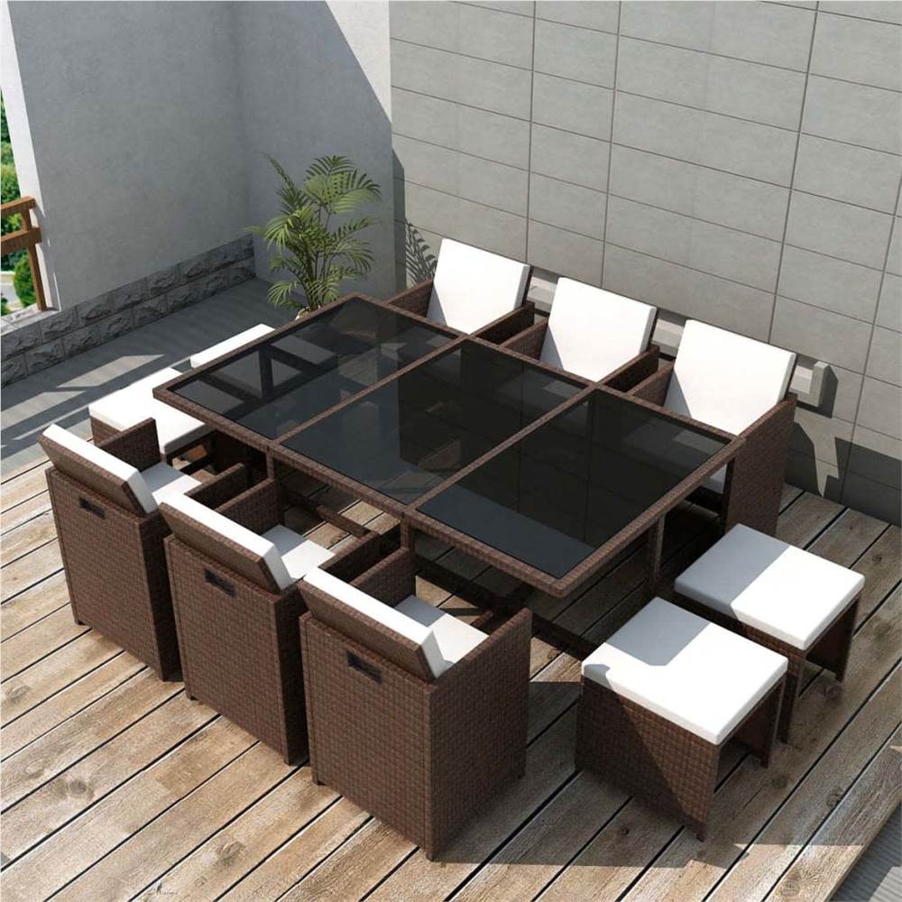 

11 Piece Outdoor Dining Set with Cushions Poly Rattan Brown