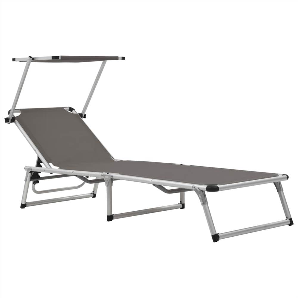 

Folding Sun Lounger with Roof Aluminium and Textilene Grey