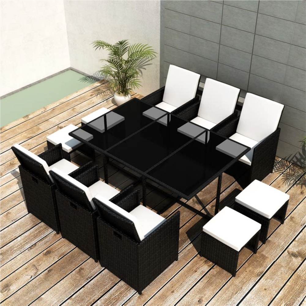 

11 Piece Outdoor Dining Set with Cushions Poly Rattan Black