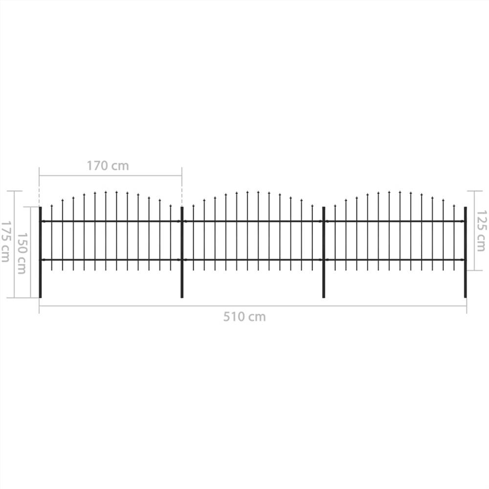Garden Fence with Spear Top Steel (1-1.25)x5.1 m Black