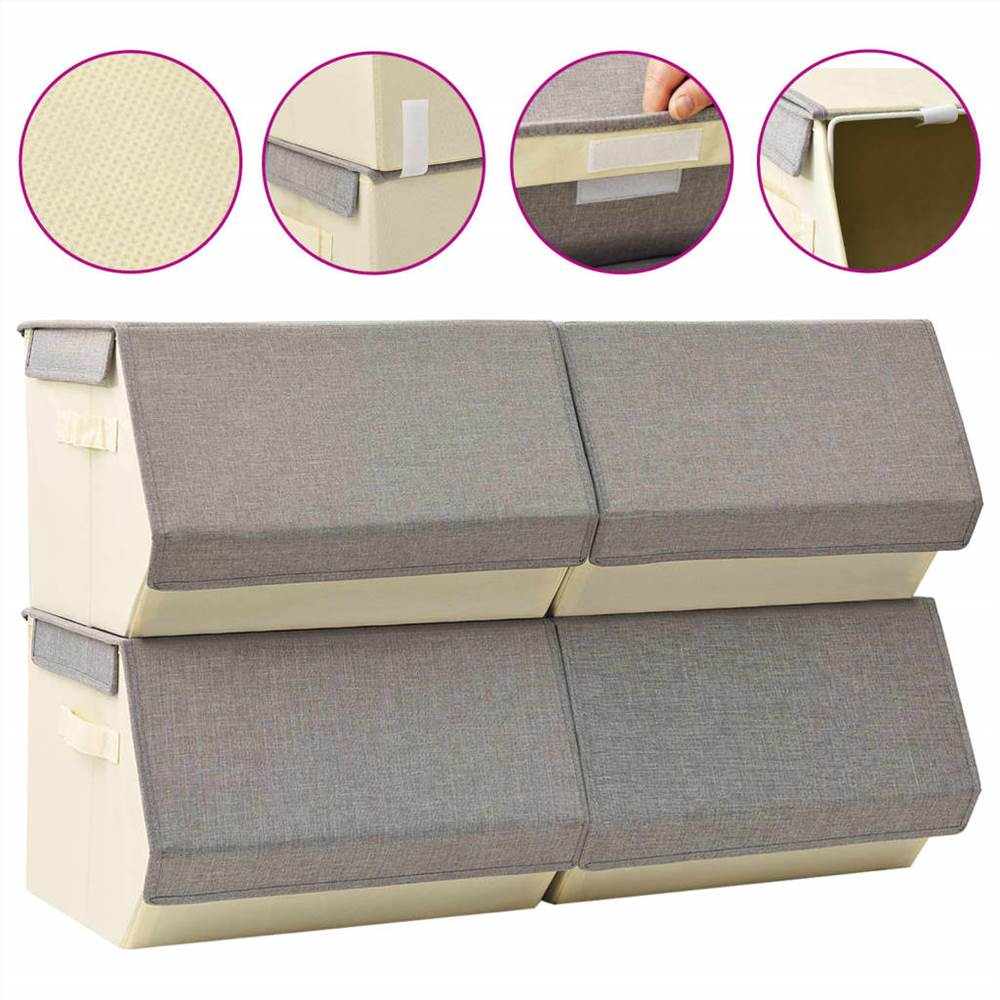 Stackable Storage Boxes with Lid Set of 4 pcs Fabric Grey&Cream