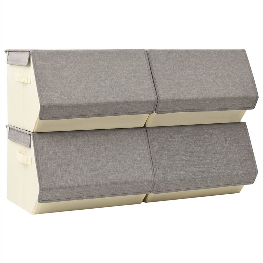 Stackable Storage Boxes with Lid Set of 4 pcs Fabric Grey&Cream