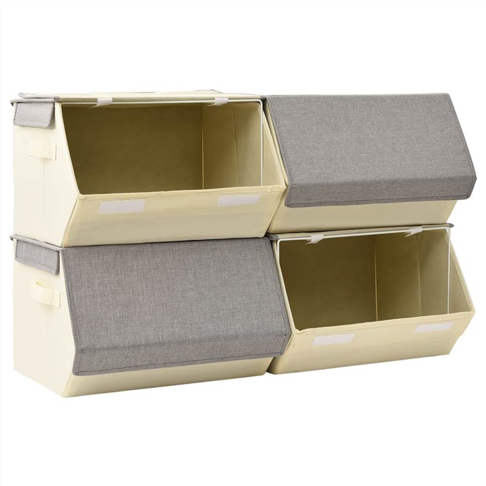 Stackable Storage Boxes with Lid Set of 4 pcs Fabric Grey&Cream