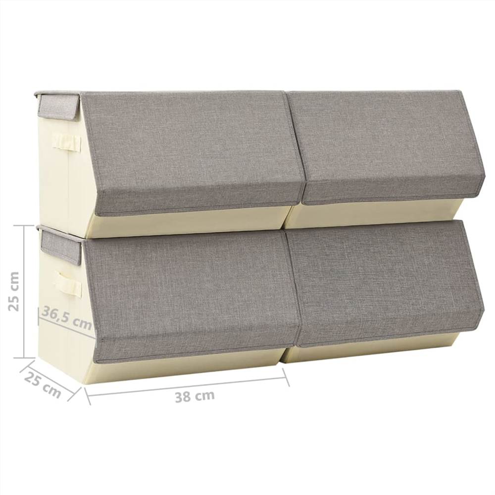 Stackable Storage Boxes with Lid Set of 4 pcs Fabric Grey&Cream