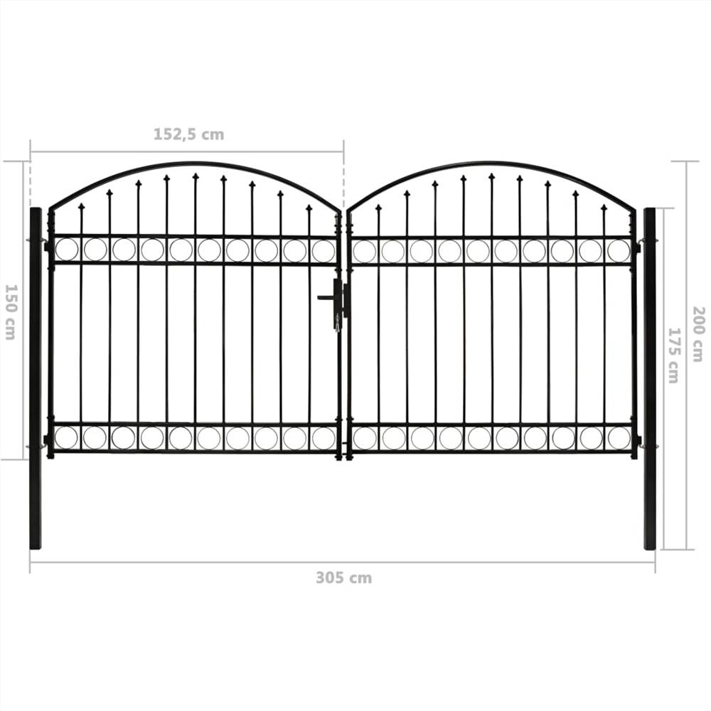 Fence Gate Double Door with Arched Top Steel 300x150 cm Black