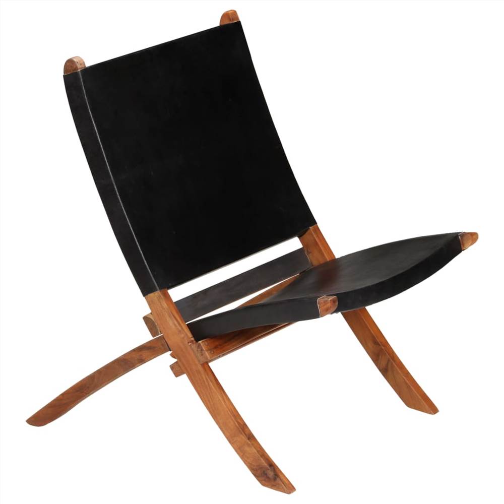 Folding Relaxing Chair Black Real Leather