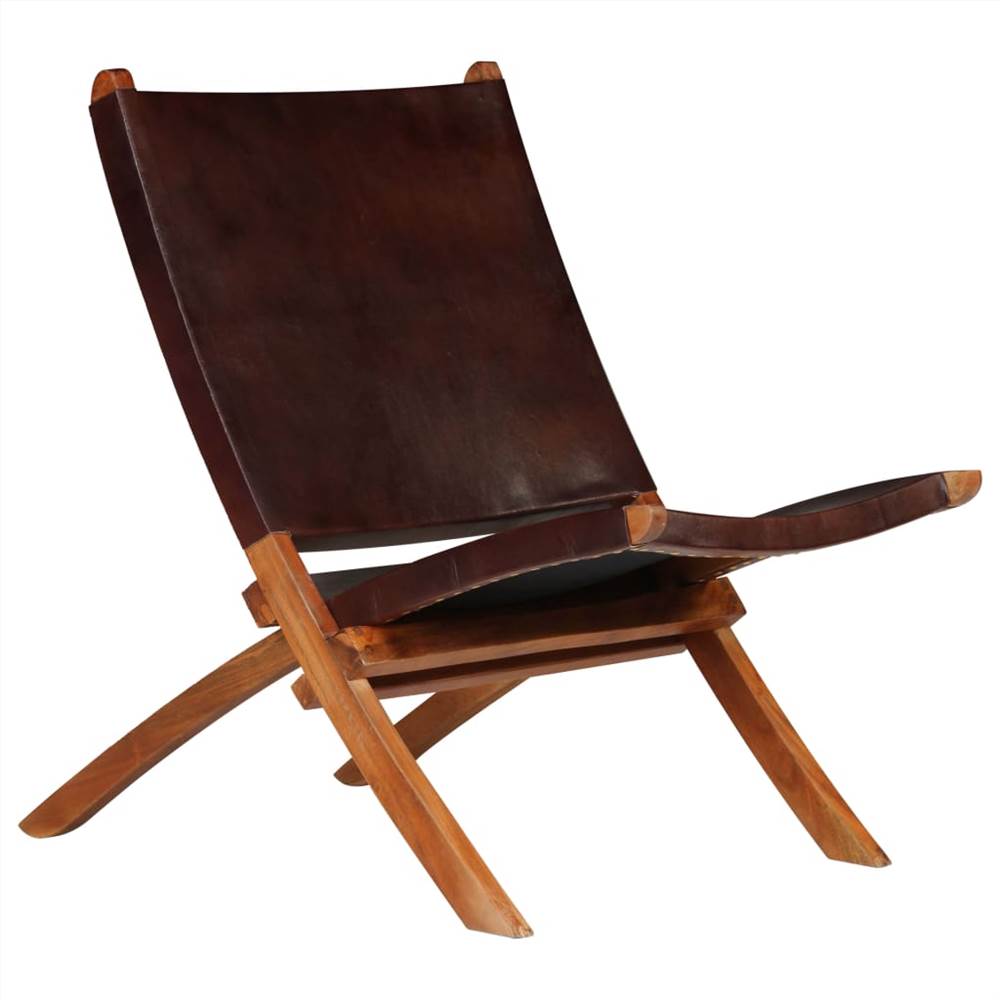 Folding Relaxing Chair Brown Real Leather